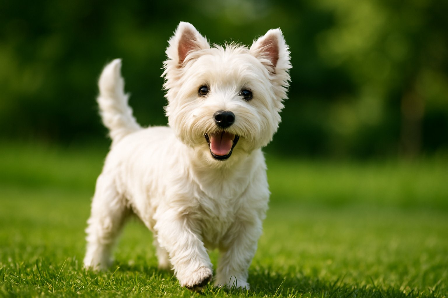 A lively West Highland White Terrier standing on green grass, looking alert and playful.