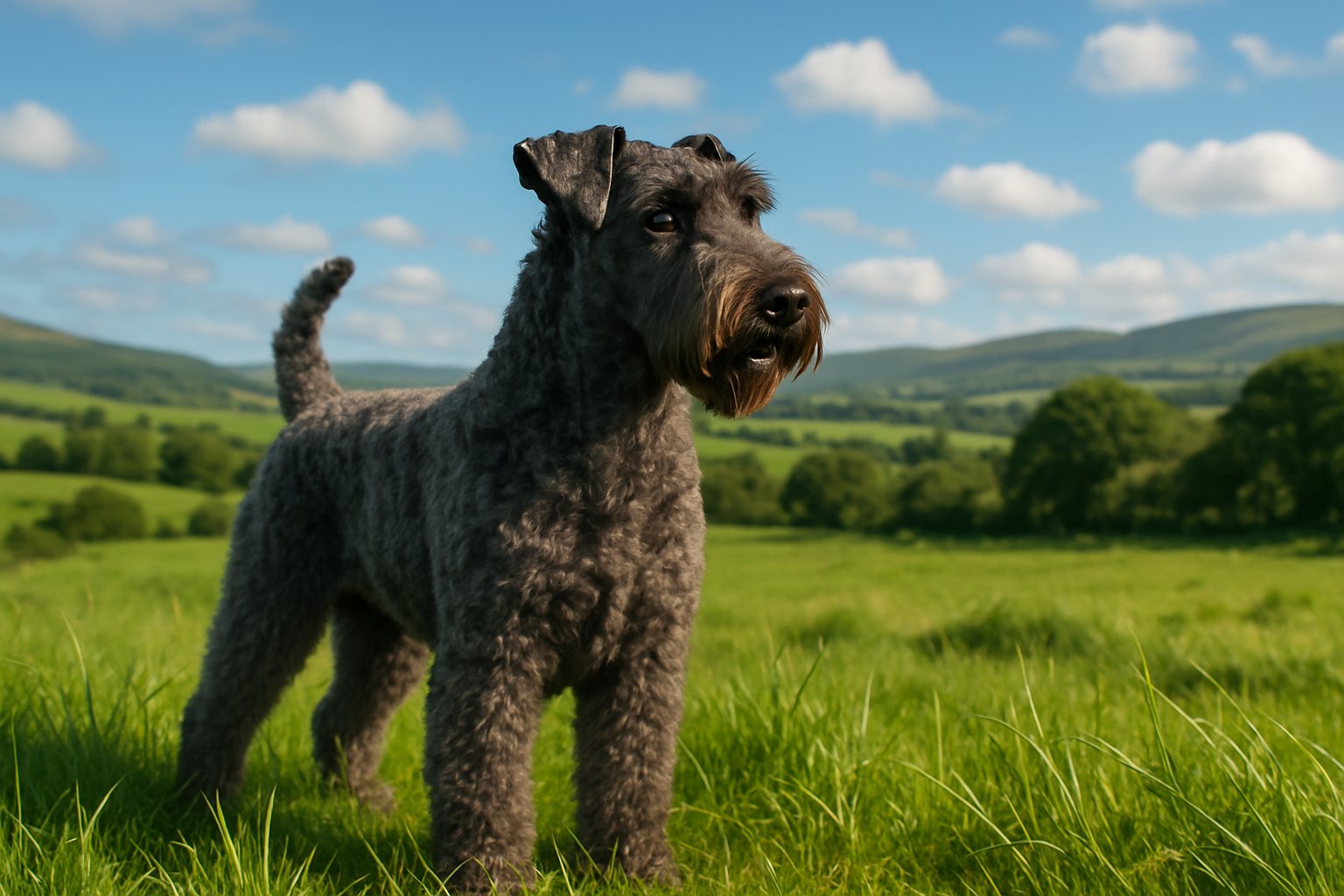 A Kerry Blue Terrier dog standing in a green meadow with hills and trees in the background.
