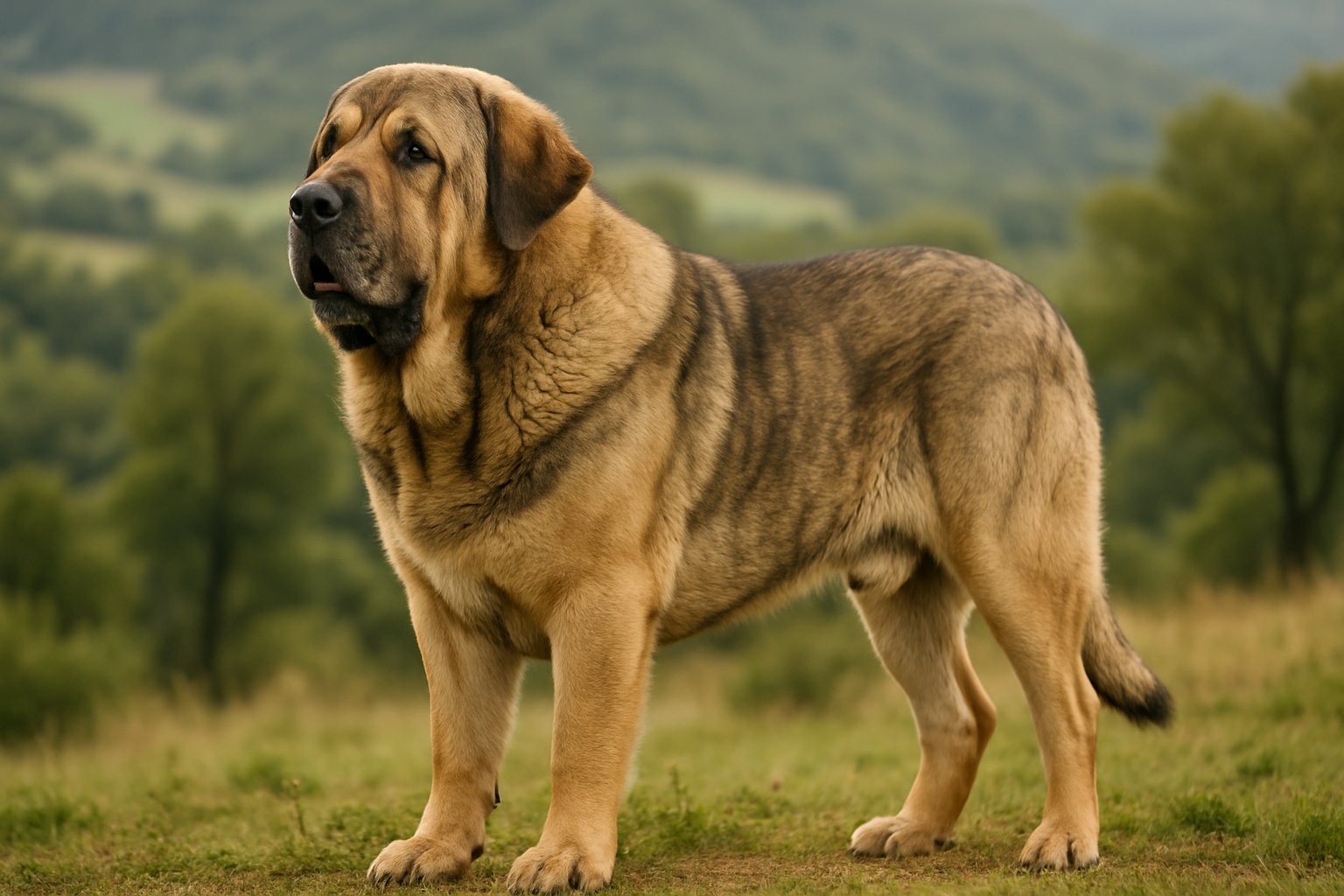 A large Spanish Mastiff standing outdoors in a countryside setting, showing its strong and muscular build.
