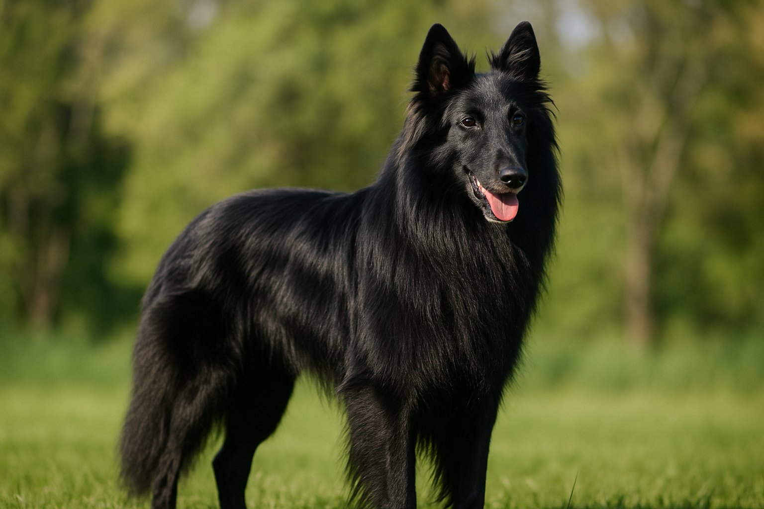 A Belgian Sheepdog with a long, sleek black coat standing outdoors on grass, looking alert and attentive.