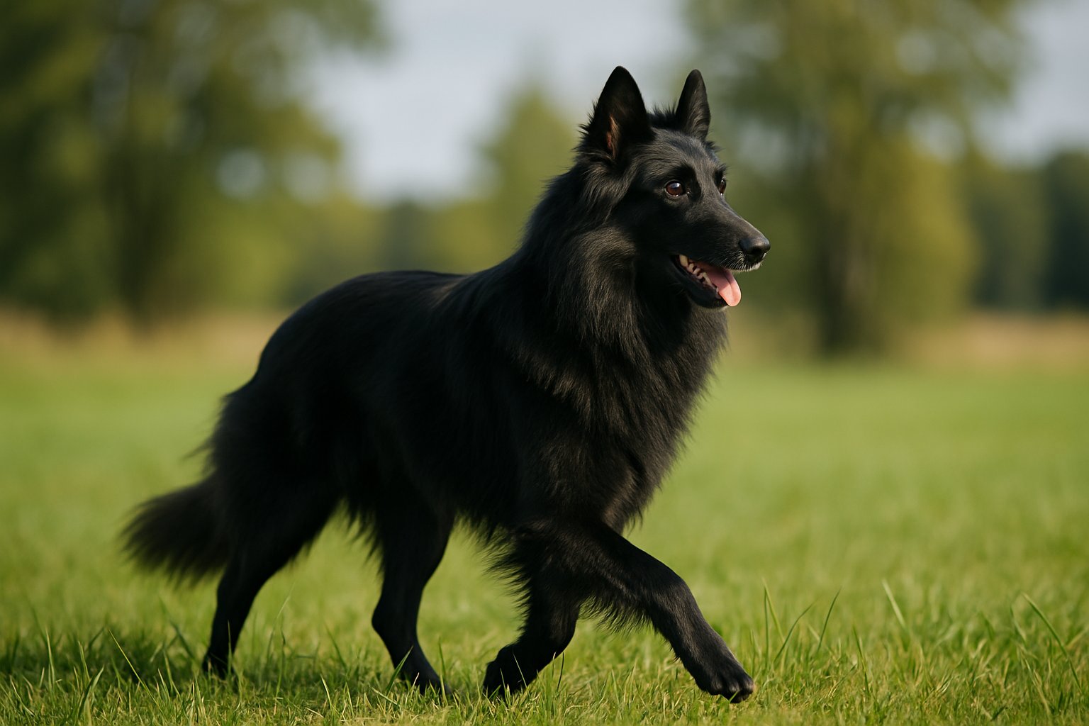 A Belgian Sheepdog standing alert on a grassy field with trees in the background.