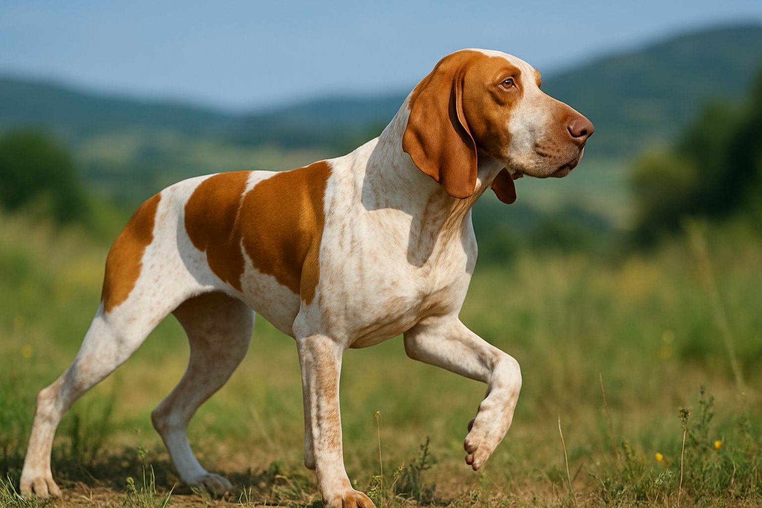A Bracco Italiano dog standing in a grassy outdoor area, looking alert with one paw raised.