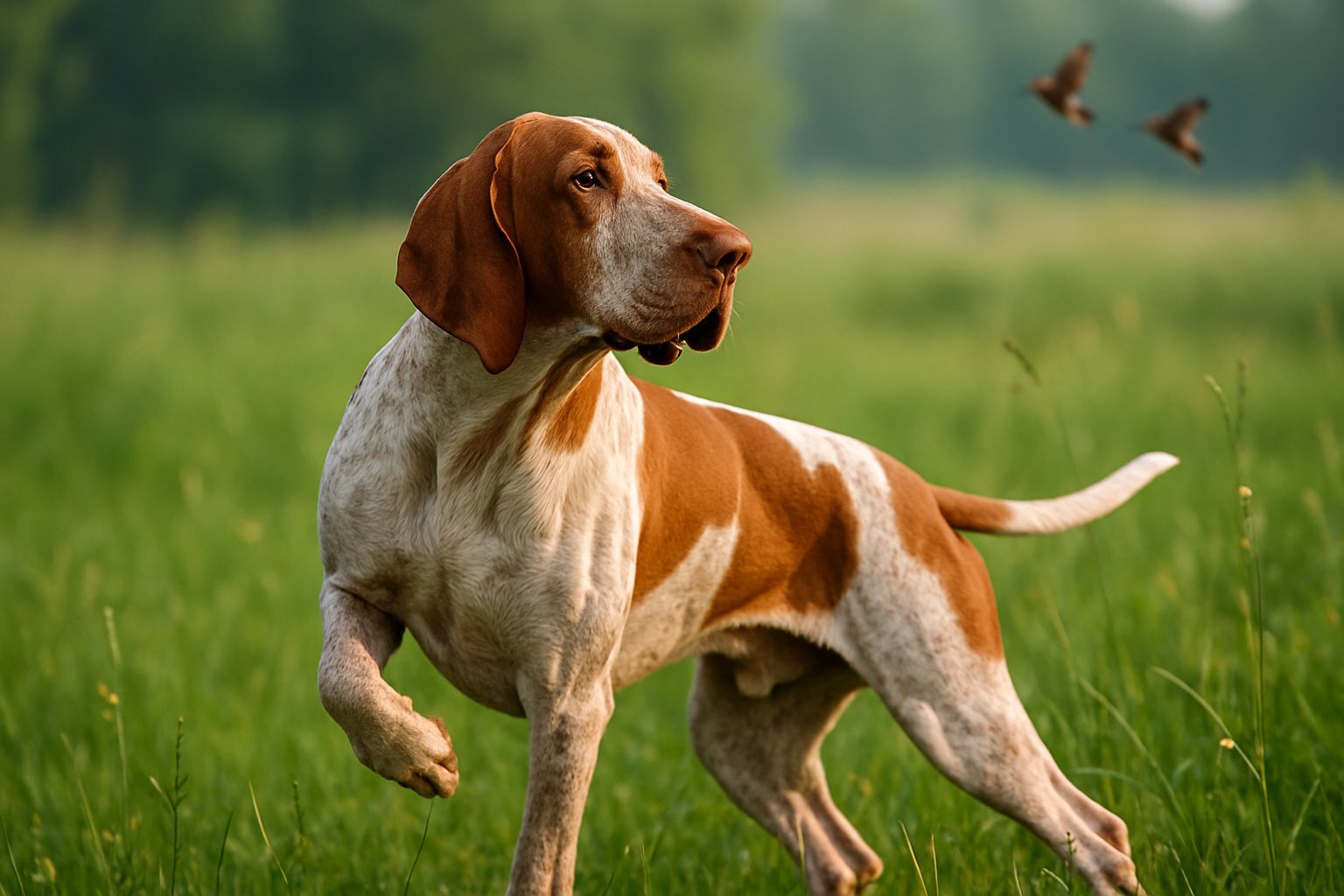 A Bracco Italiano dog in a green field pointing towards birds in flight during a hunt.