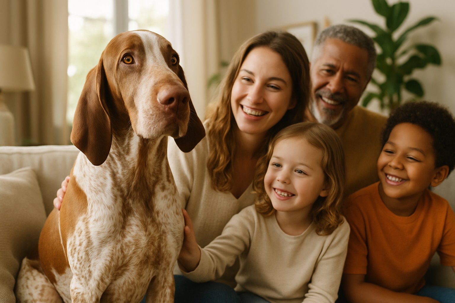 A Bracco Italiano dog sitting attentively with a smiling family in a bright living room.