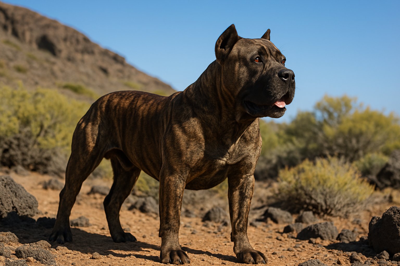 A muscular Perro de Presa Canario dog standing on rocky terrain with native plants and a clear blue sky in the background.