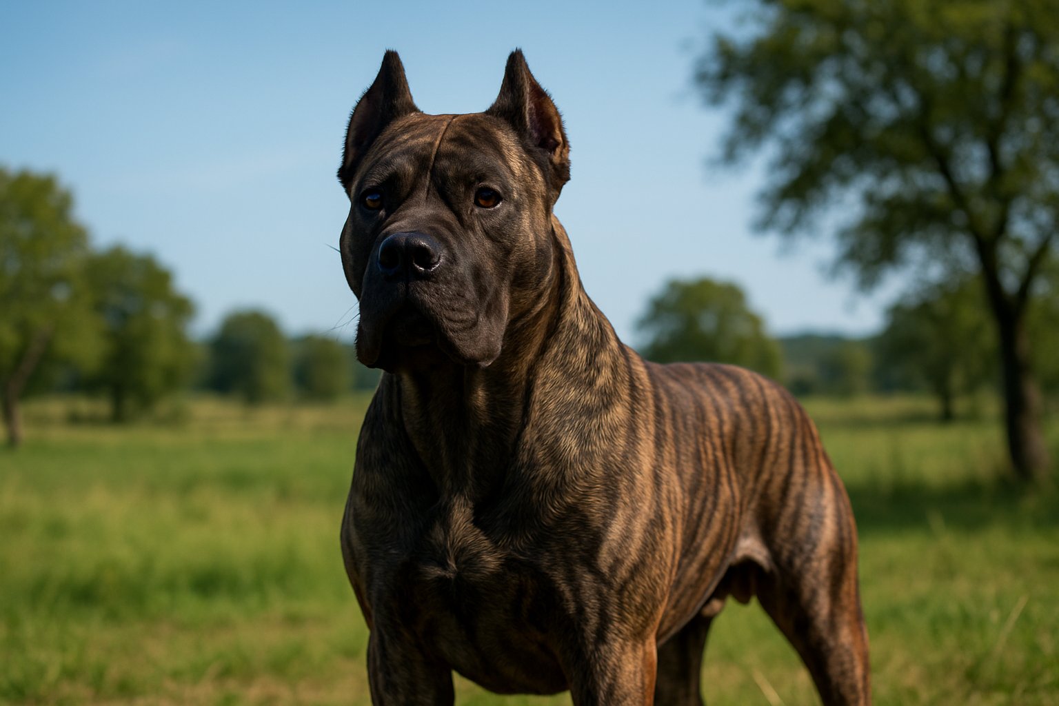 A muscular Perro de Presa Canario dog standing alert in a grassy rural landscape with trees and a clear sky.