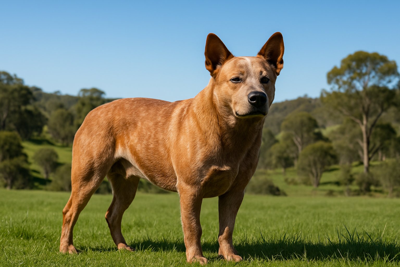 An Australian Stumpy Tail Cattle standing in a green pasture with rolling hills and clear sky in the background.