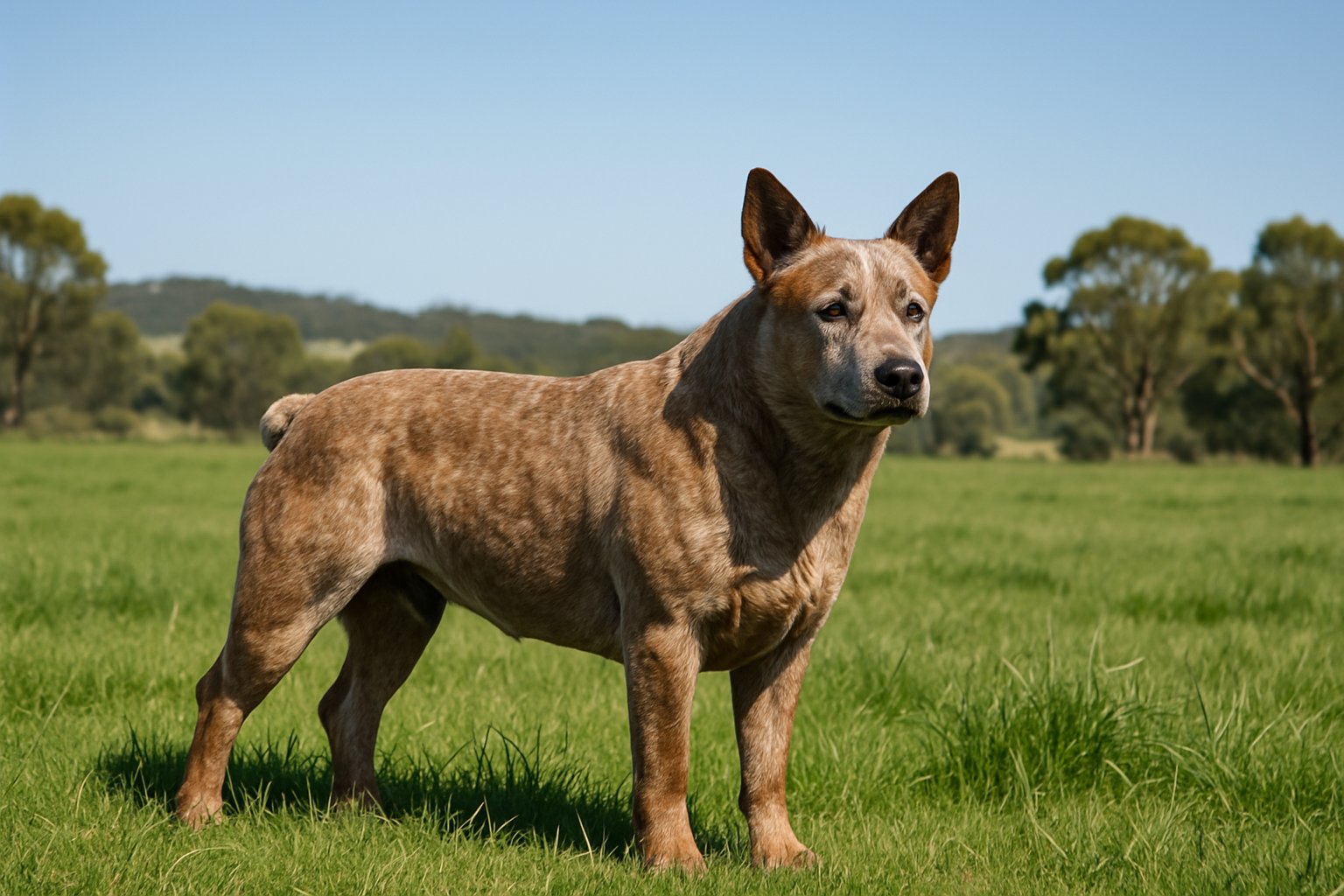 An Australian Stumpy Tail Cattle standing in a green pasture with hills and vegetation in the background.