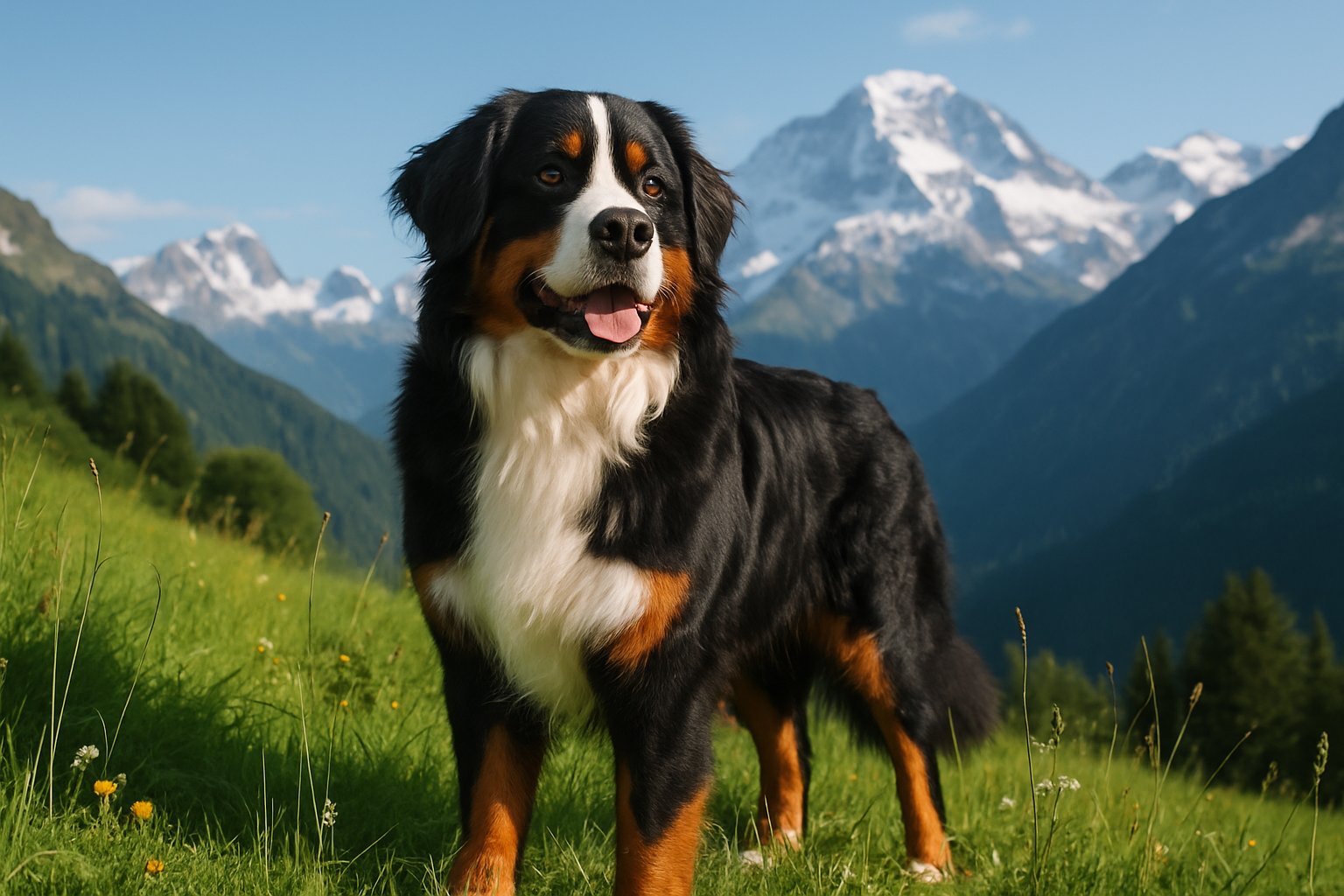 A Bernese Mountain Dog standing in a green meadow with snow-capped mountains in the background.