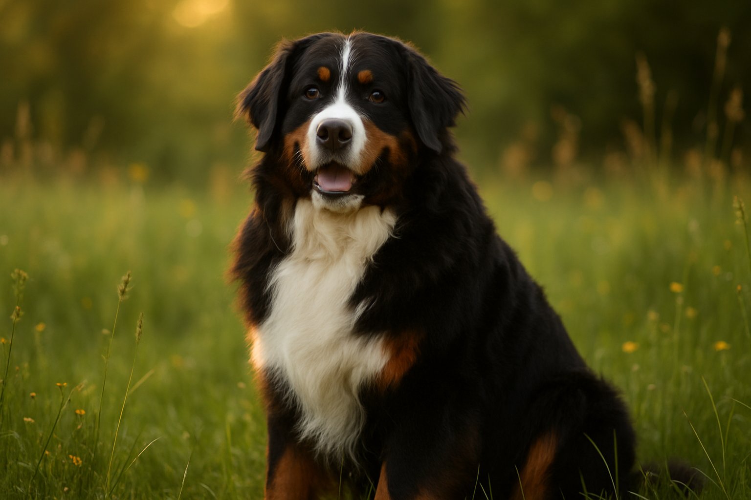 A large Bernese Mountain Dog sitting calmly in a green meadow with wildflowers.