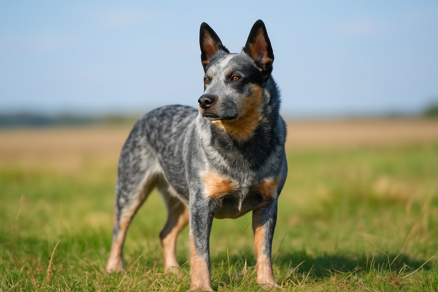 An Australian Cattle Dog with a blue speckled coat standing alert in a grassy field with farmland in the background.