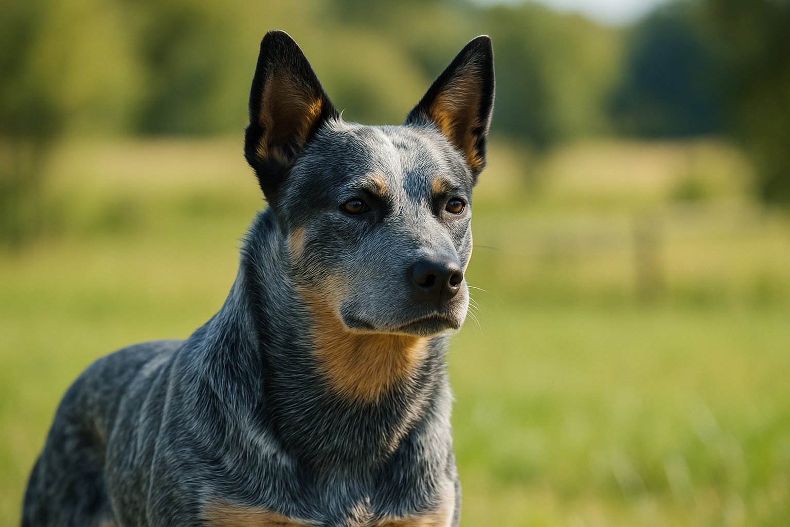 An Australian Cattle Dog standing alert in a sunlit grassy field with a rural background.