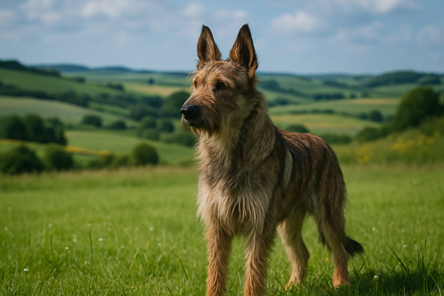 A Berger Picard dog standing in a green field with rolling hills and a blue sky in the background.