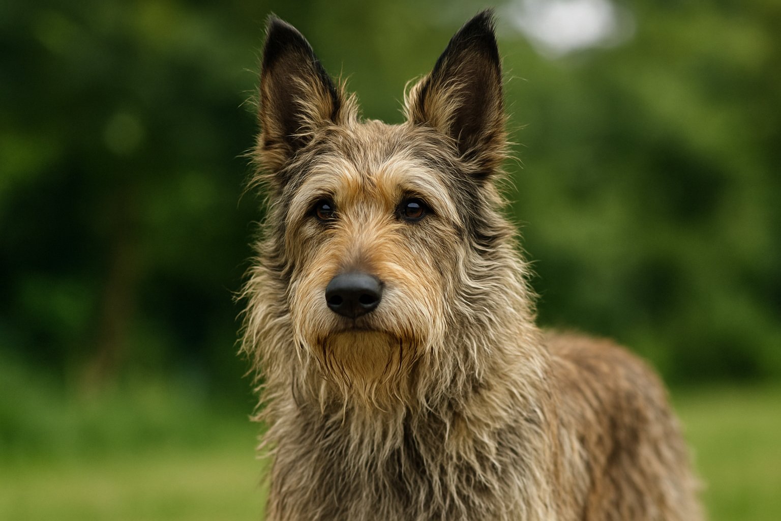 A Berger Picard dog with a rough, wiry coat standing outdoors with greenery in the background.