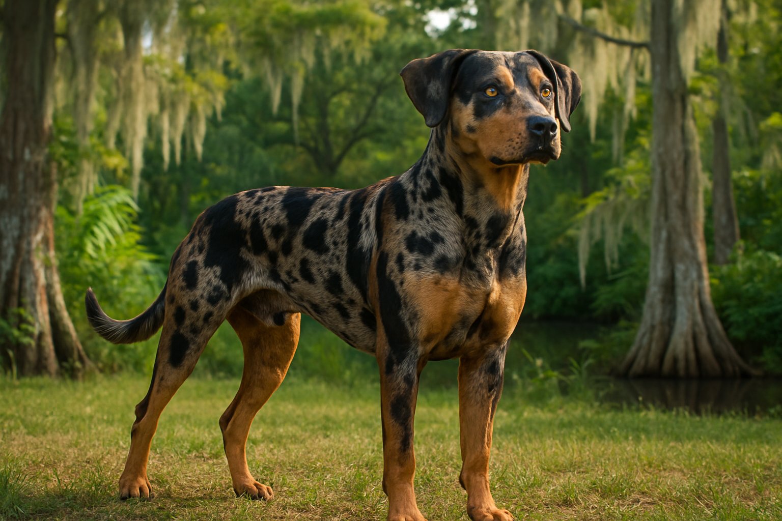 A Catahoula Leopard Dog standing in a green bayou landscape with cypress trees and Spanish moss.
