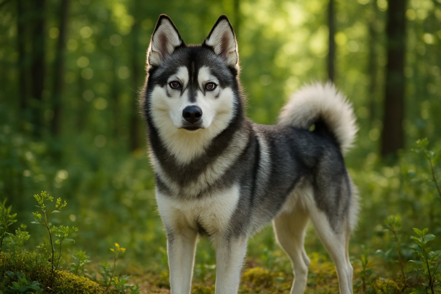 An Alaska Klee Kai dog standing alert in a green forest with sunlight filtering through the trees.
