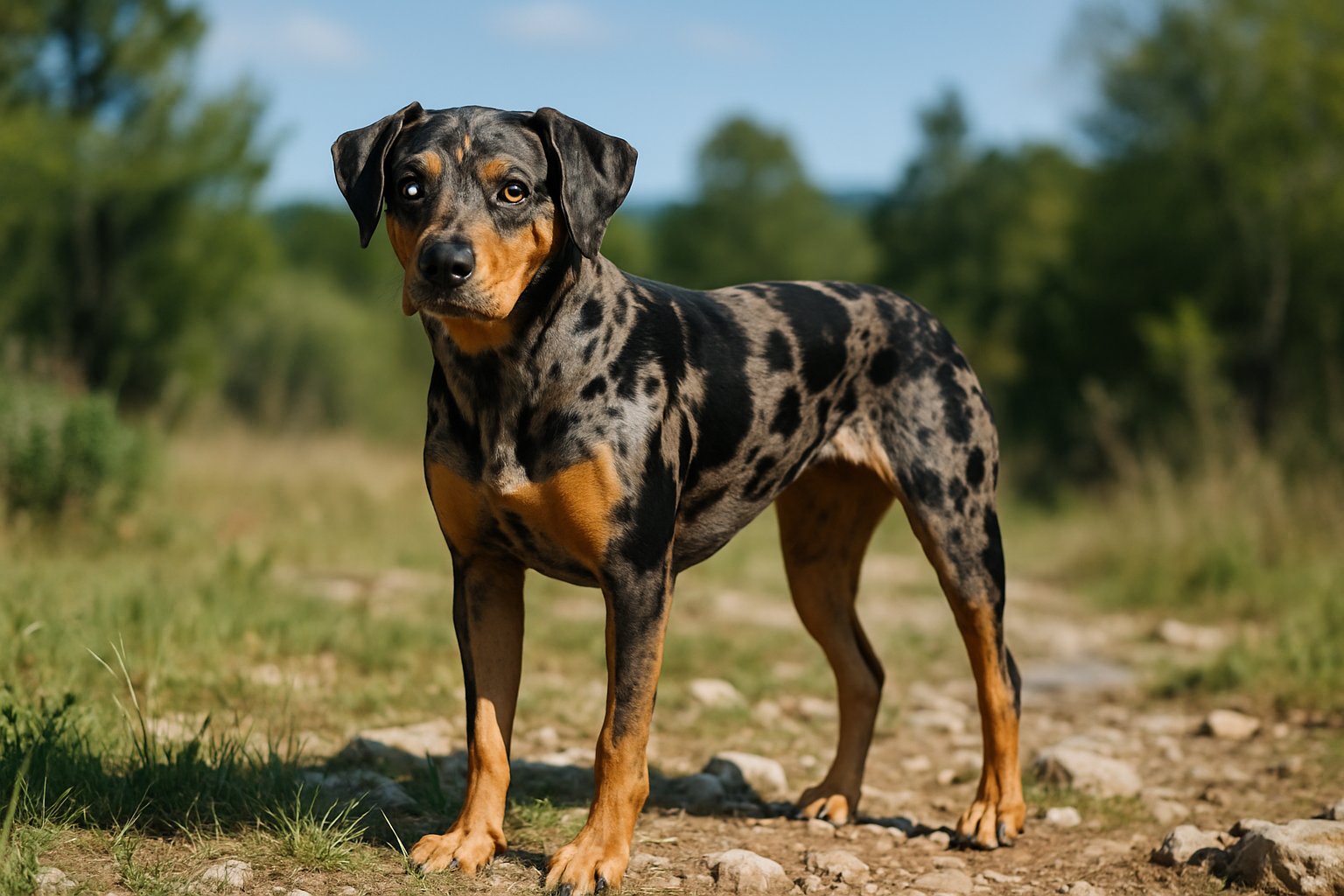 A Catahoula Leopard Dog standing alert on mixed grassy and rocky terrain with trees and open sky in the background.