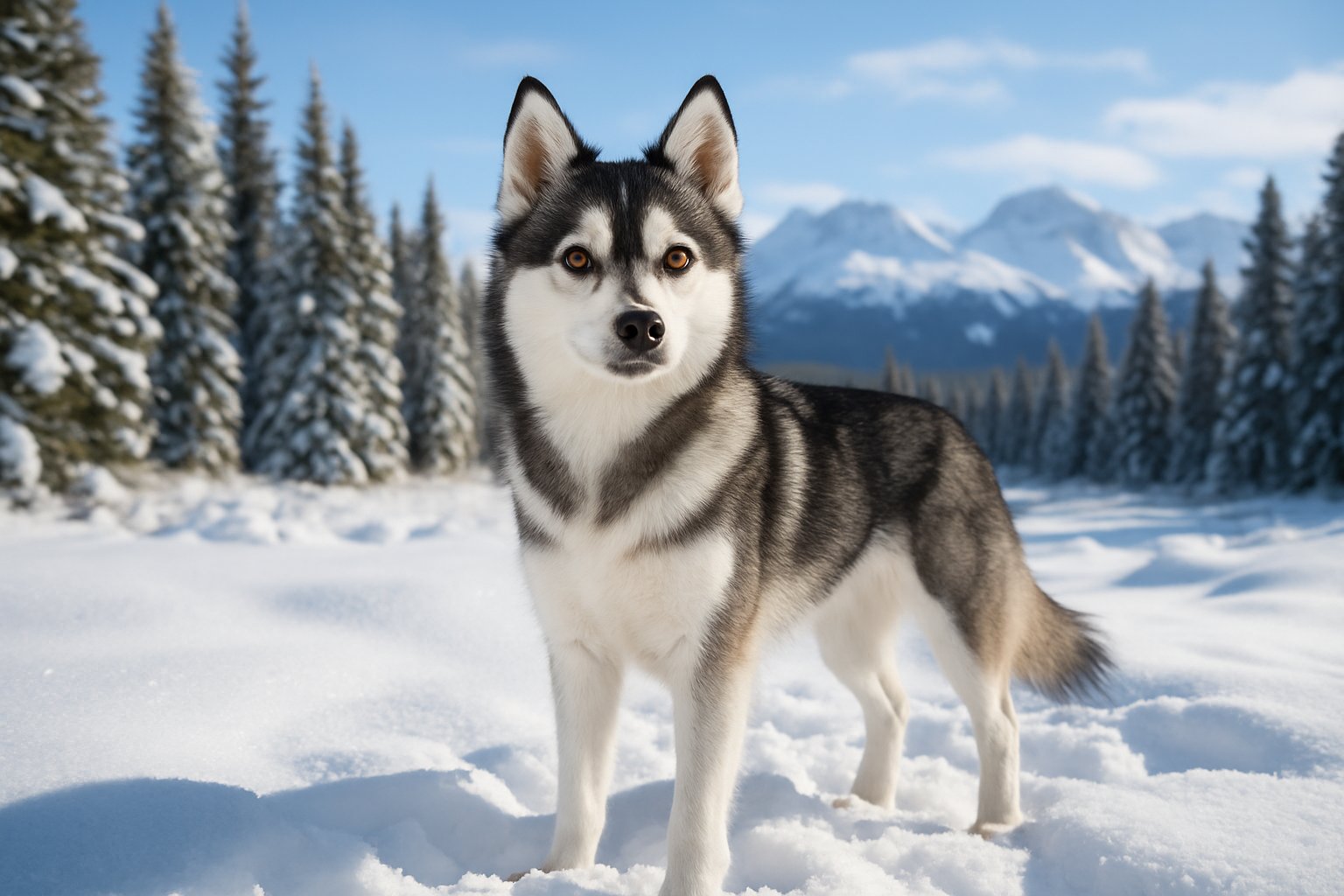 An Alaska Klee Kai dog standing in a snowy forest with mountains in the background.