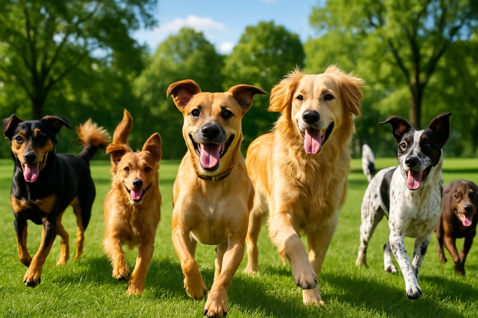 A group of healthy mixed breed dogs playing together in a sunny park.