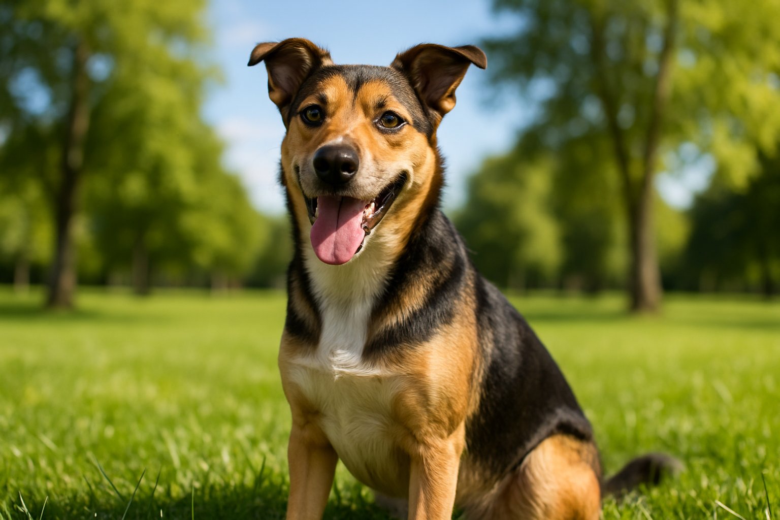 A happy mixed breed dog sitting on green grass in a sunny park with trees in the background.