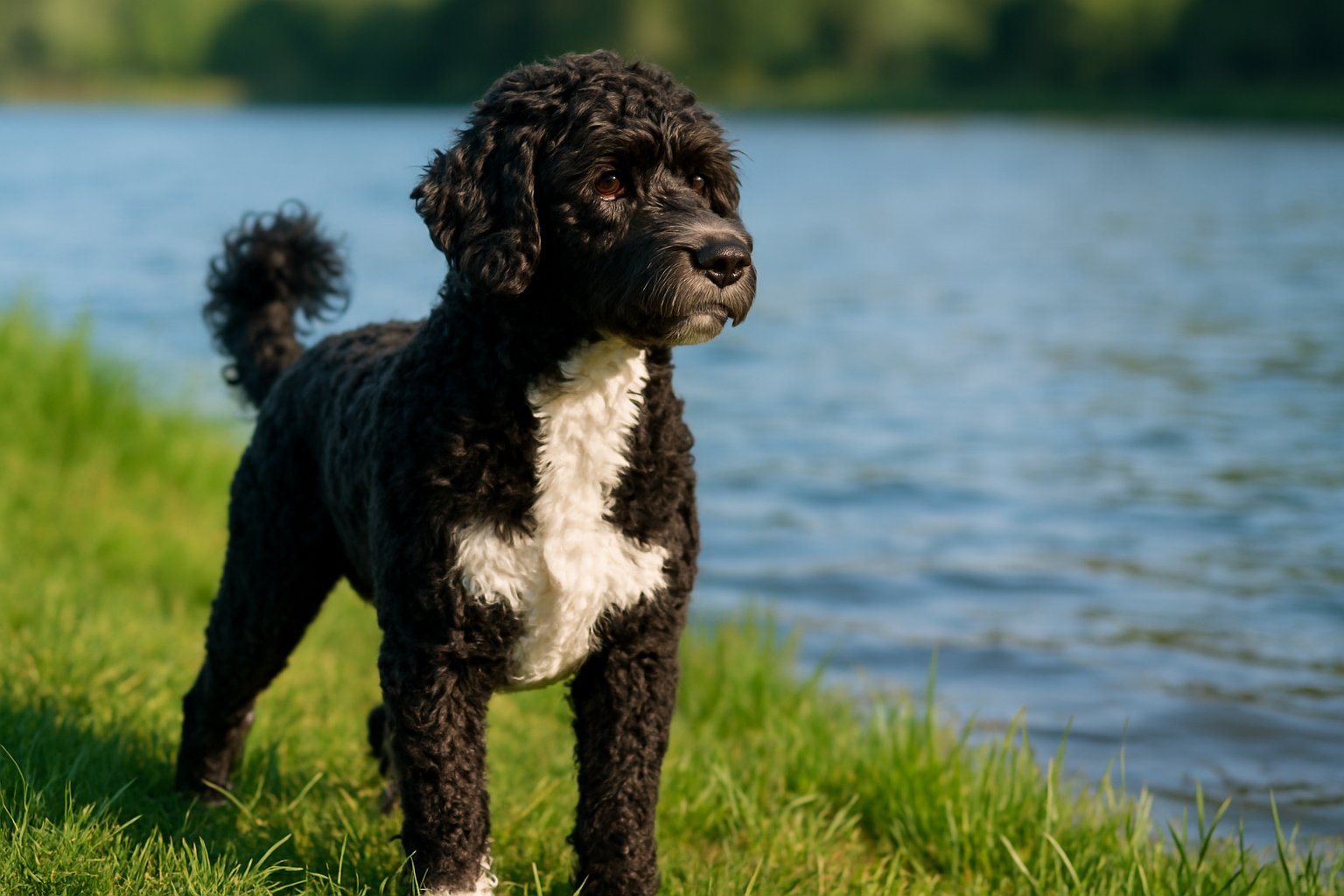 A Portuguese Water Dog standing alert near a calm lake with green grass in the background.