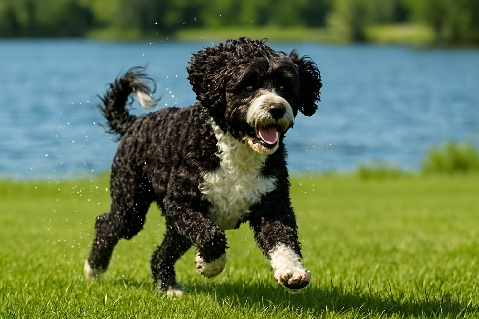 A Portuguese Water Dog running energetically on green grass near a lake with water droplets around it.