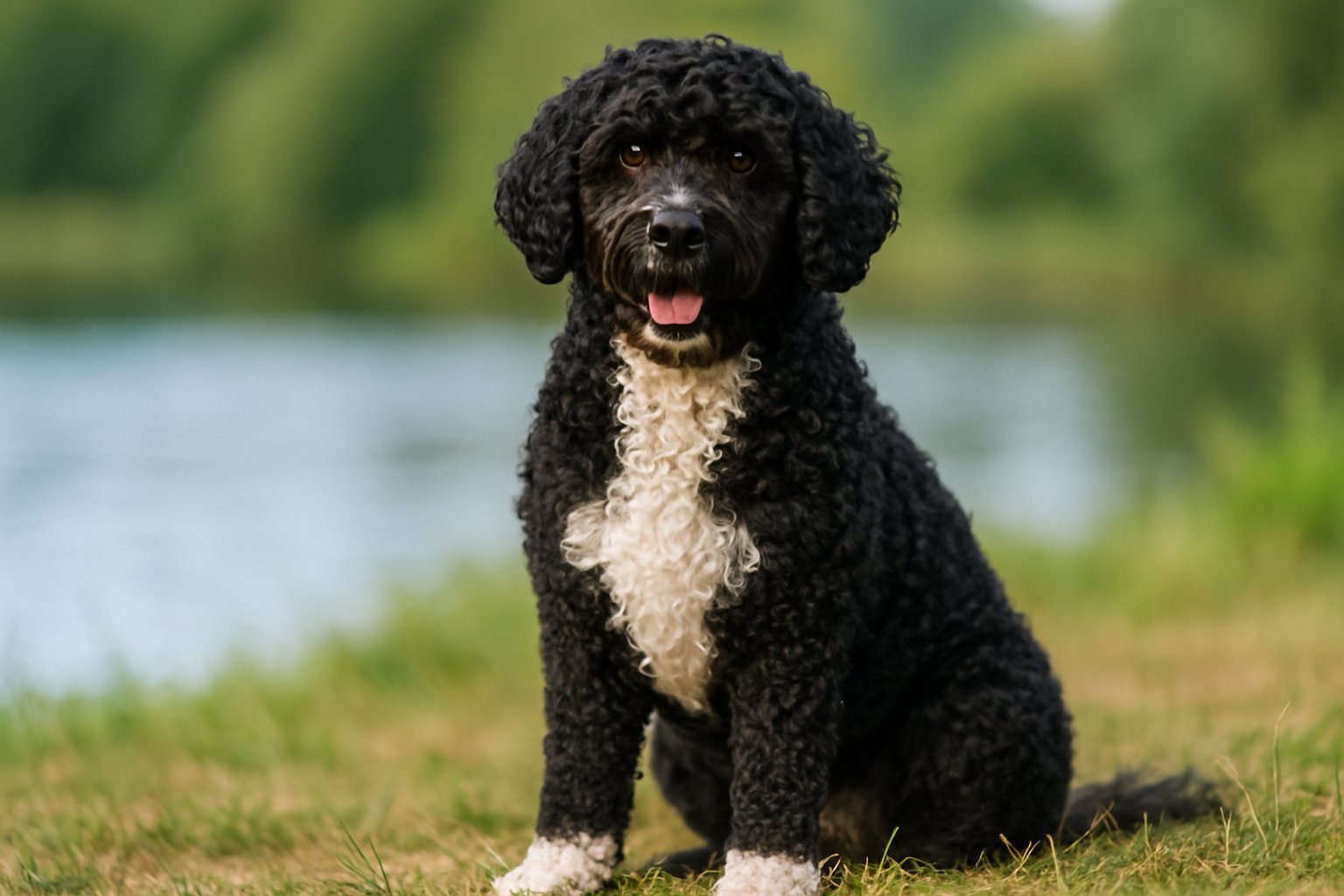 A Portuguese Water Dog with a curly black and white coat sitting outdoors near a lake.