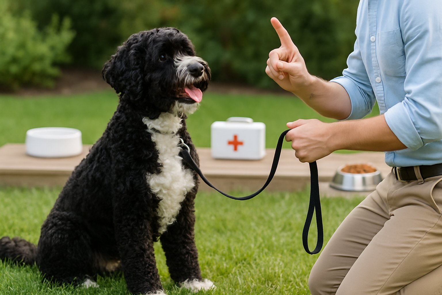 A Portuguese Water Dog sitting on grass attentively while a trainer guides it with hand signals outdoors, with dog care items nearby.