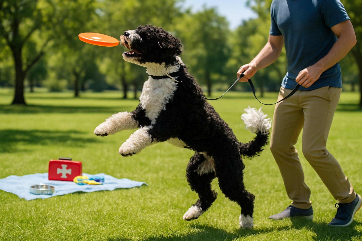 A Portuguese Water Dog running and playing outdoors with a trainer in a sunny park.
