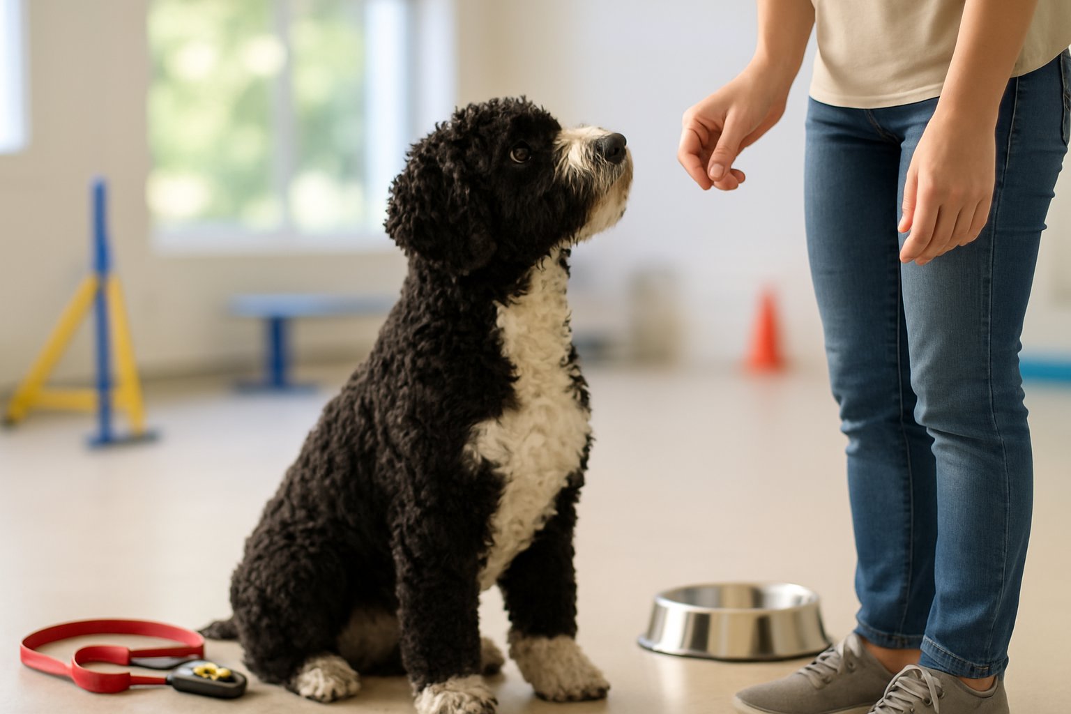 A Portuguese Water Dog sitting attentively next to a trainer holding a treat in a bright indoor training space.