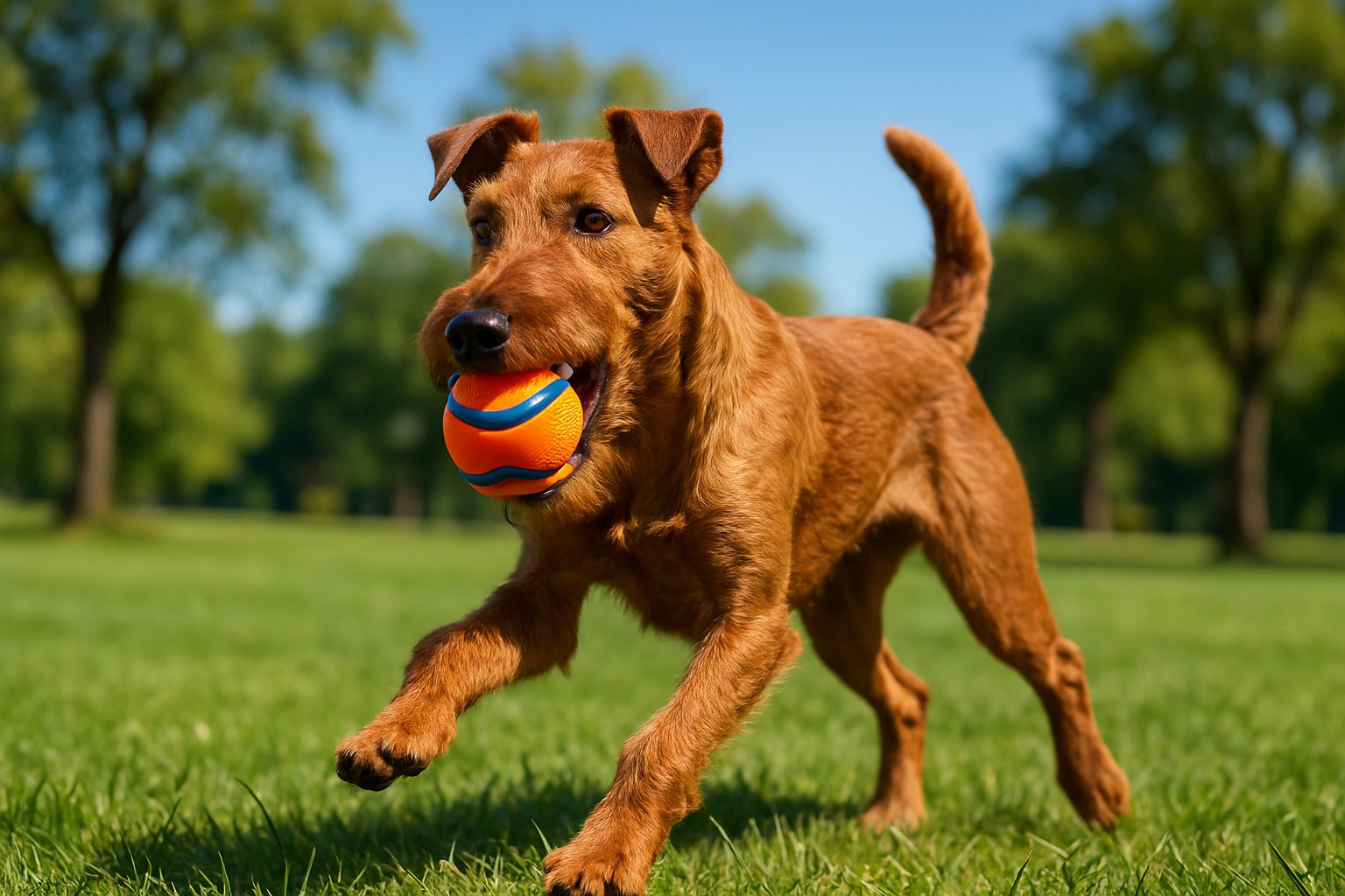 An Irish Terrier dog playing outdoors with an orange and black ball on green grass under a clear sky.