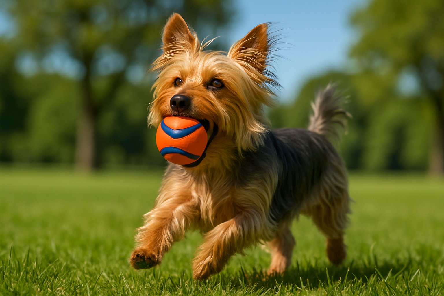 A Silky Terrier dog running on grass outdoors, chasing an orange ball during a game of fetch.