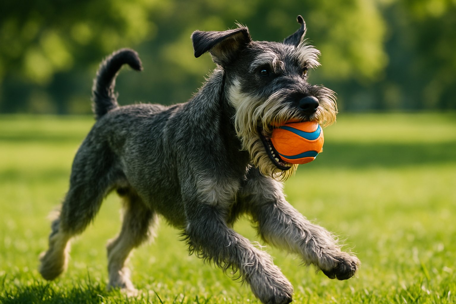 Standard Schnauzer dog playing outdoors with an orange and black ball on green grass.