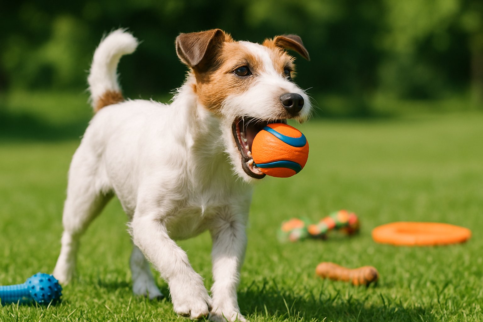 A Parson Russell Terrier playing outdoors with an orange ball on green grass surrounded by dog toys.
