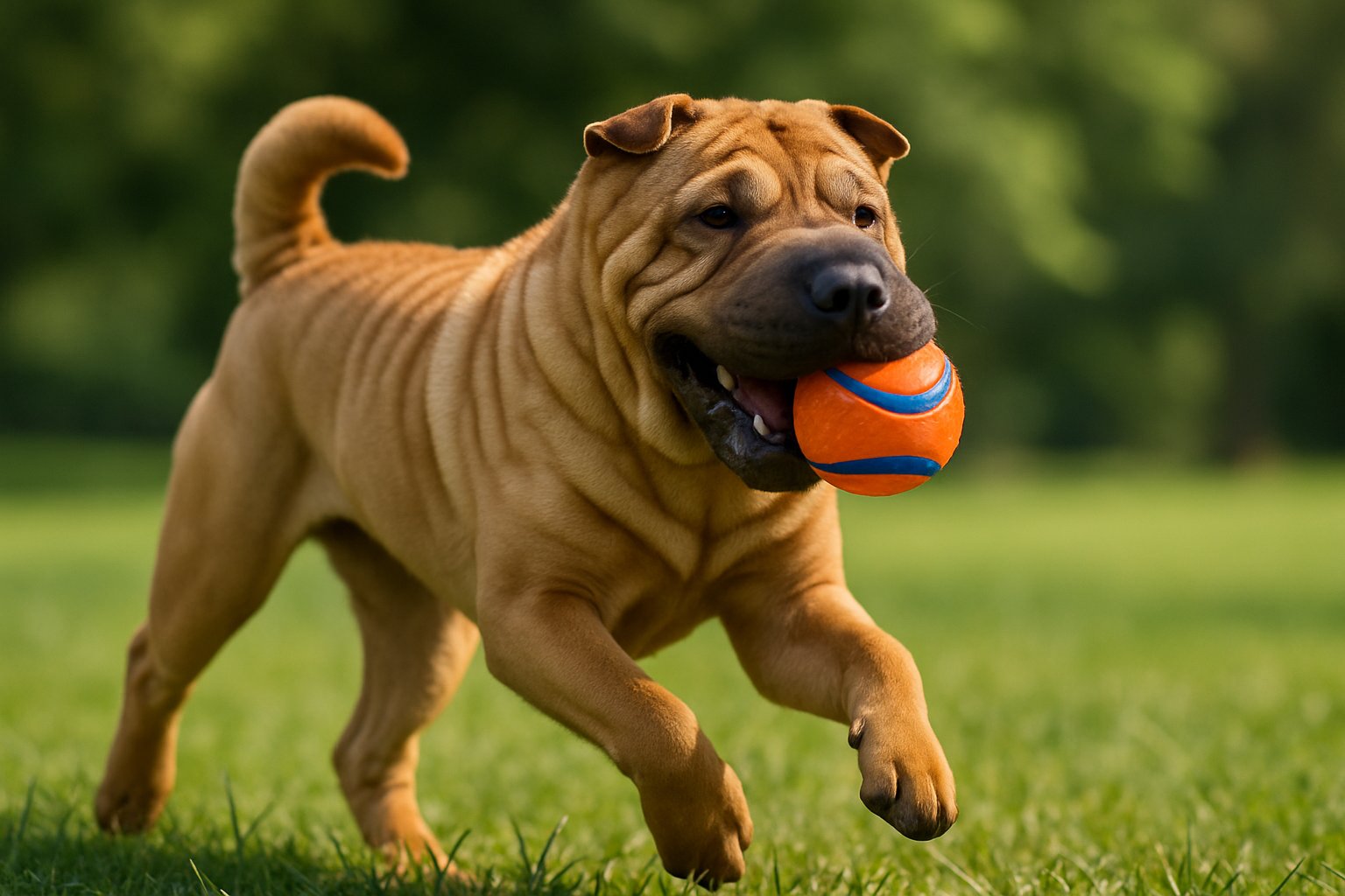 A Chinese Shar-Pei dog playing outdoors with an orange ball in its mouth on green grass.