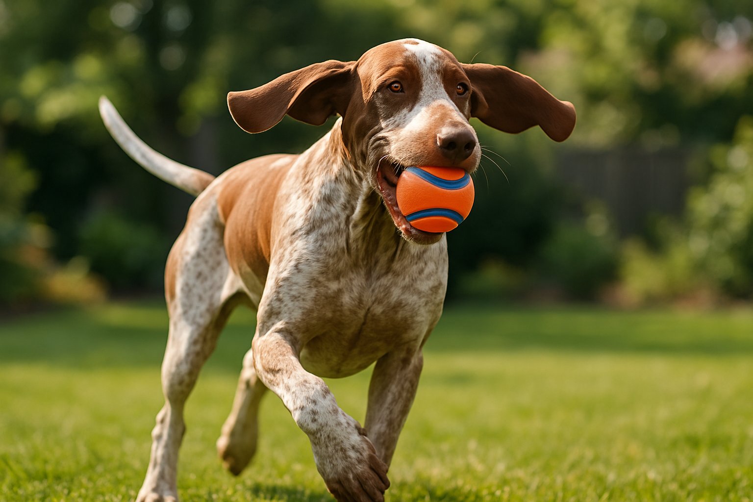 A Bracco Italiano dog playing outside with an orange ball in a grassy backyard.