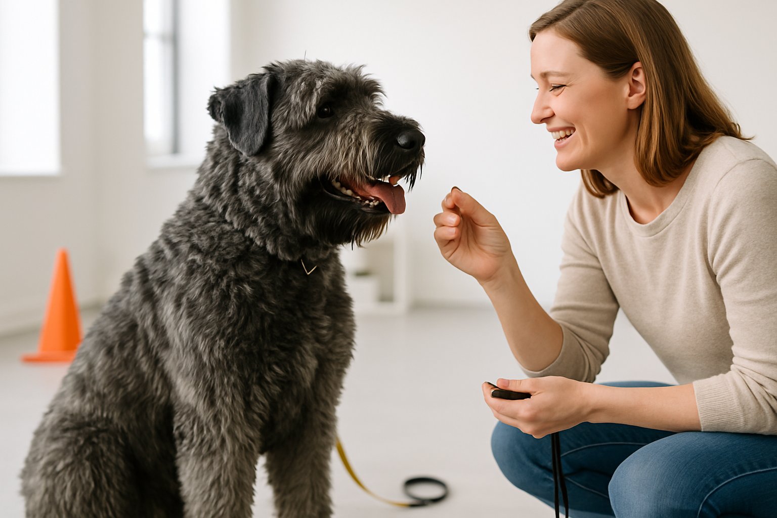 A Bouvier des Flandres dog sitting attentively while a person offers a treat and praise during training indoors.
