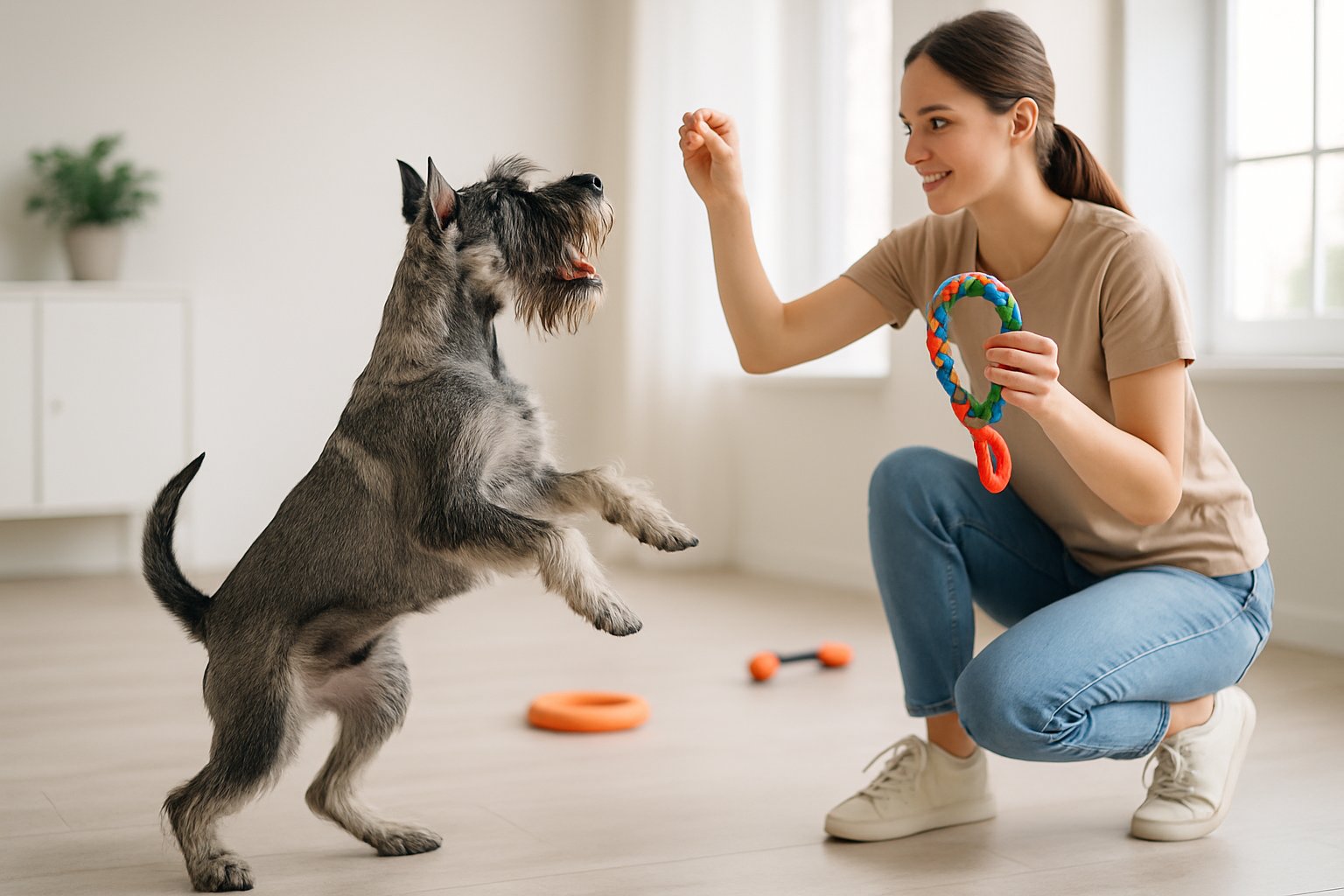 A Standard Schnauzer dog attentively interacting with a woman trainer holding a toy and treat during a training session indoors.