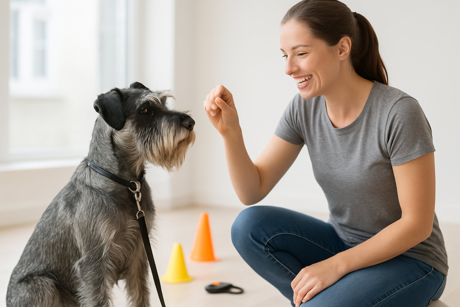 A Standard Schnauzer sitting attentively next to a smiling trainer holding a treat during a training session indoors.