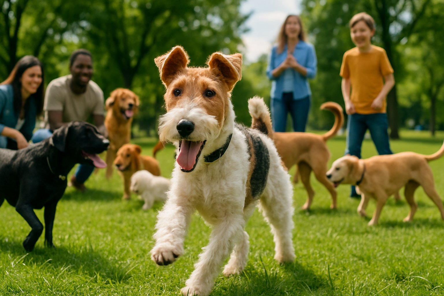 A Wire Fox Terrier playing with other dogs and people in a park.