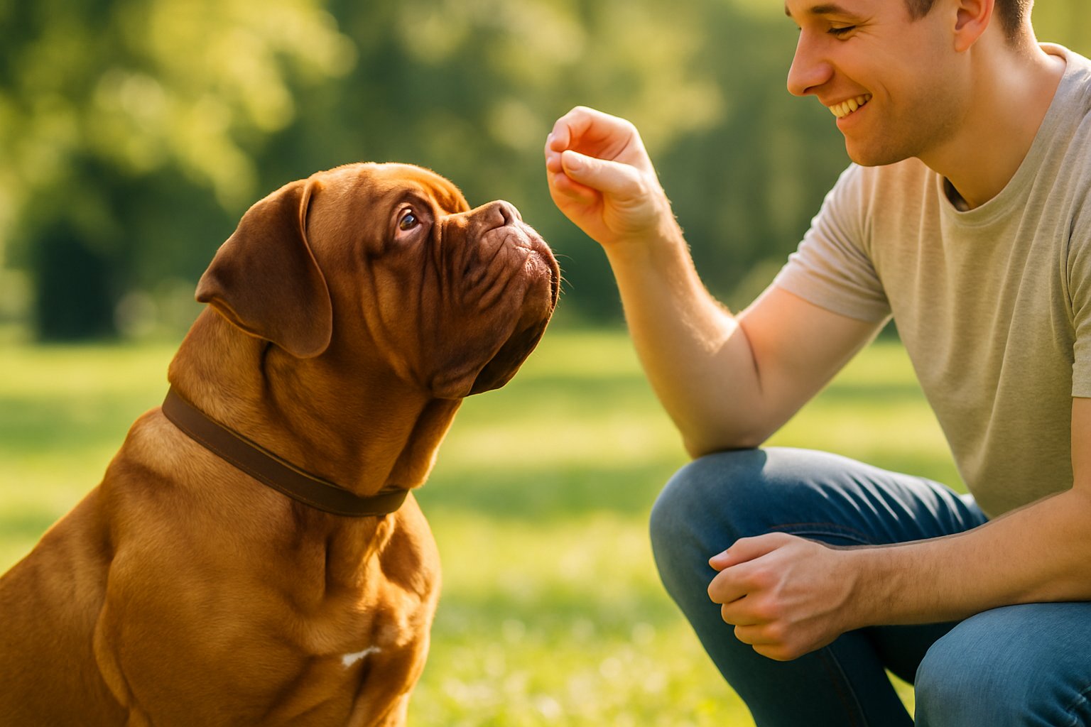 A Dogue de Bordeaux sitting attentively outdoors while a person offers it a treat during training.