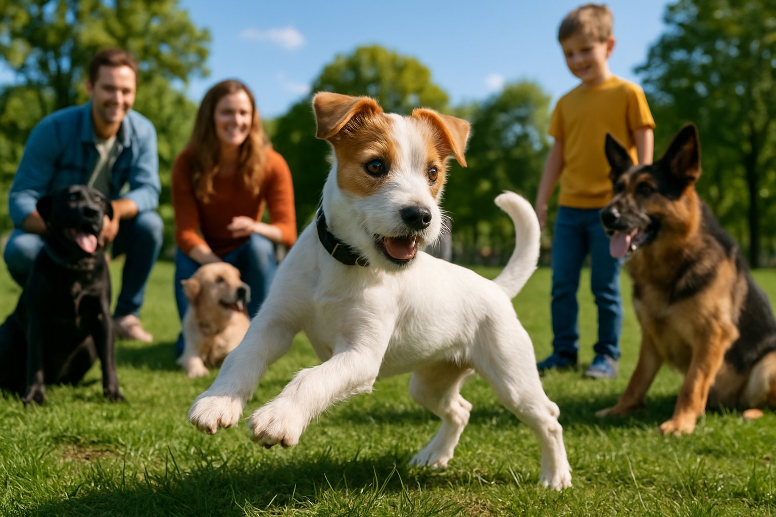A Parson Russell Terrier puppy playing with other dogs and people in a sunny park.