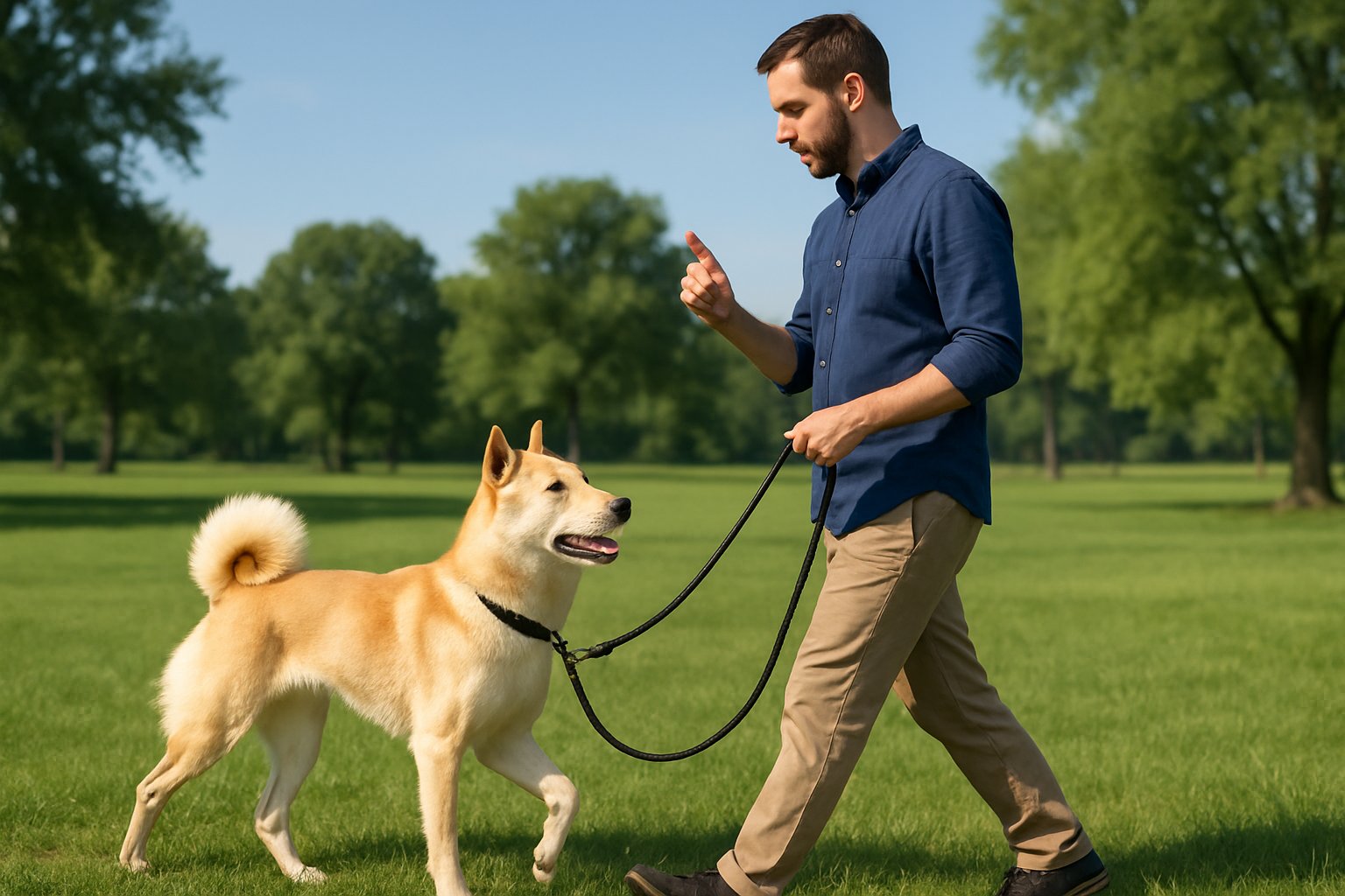 A Jindo dog walking calmly on a leash held by a trainer in a green park.