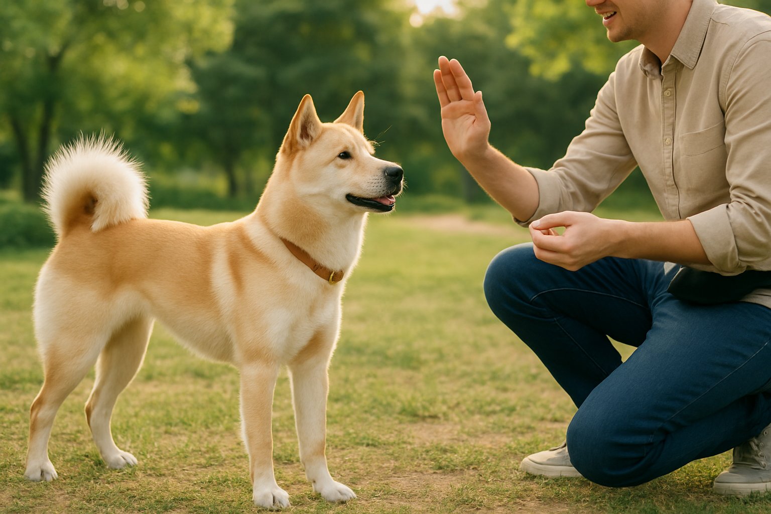 A Jindo dog attentively interacting with a trainer outdoors in a green park during a training session.
