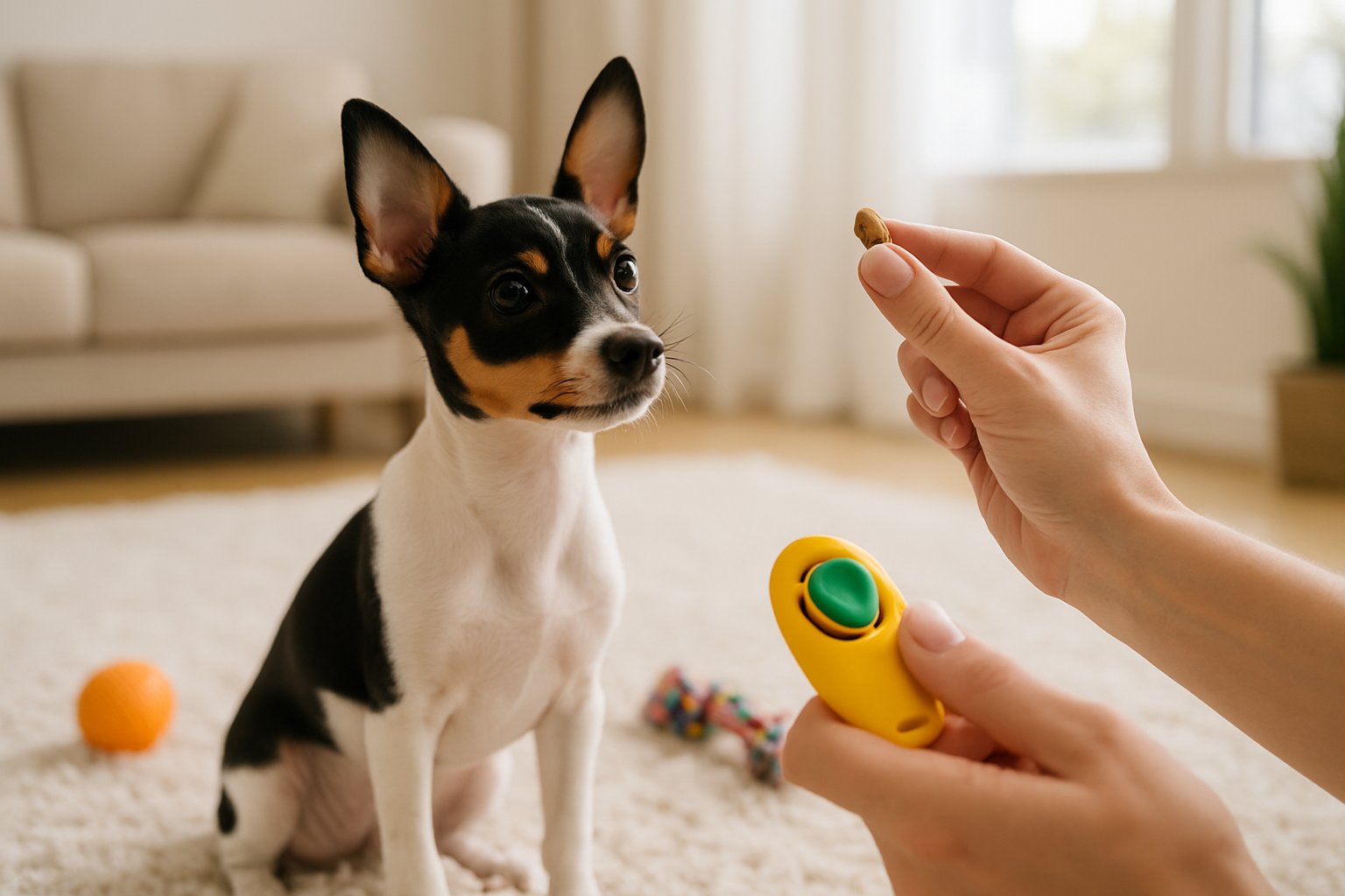 A Toy Fox Terrier puppy sitting attentively while a person holds a training clicker and treat in a bright living room.