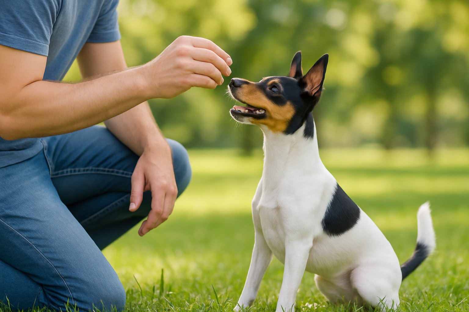 A Toy Fox Terrier dog focused on its owner during a training session outdoors in a park.