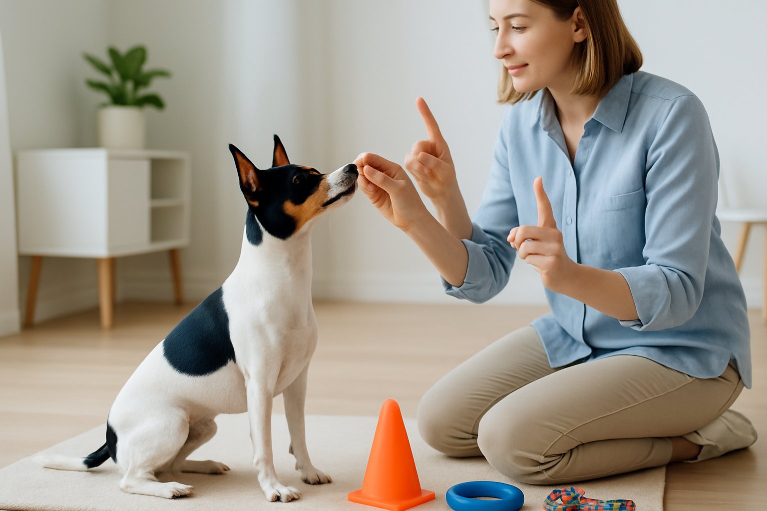 A Toy Fox Terrier sitting attentively on a mat while a trainer holds a treat and demonstrates basic commands in a bright indoor training area.