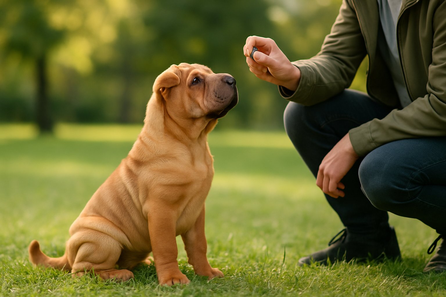 A Chinese Shar-Pei dog sitting attentively on grass while a person offers a treat during a training session in a park.