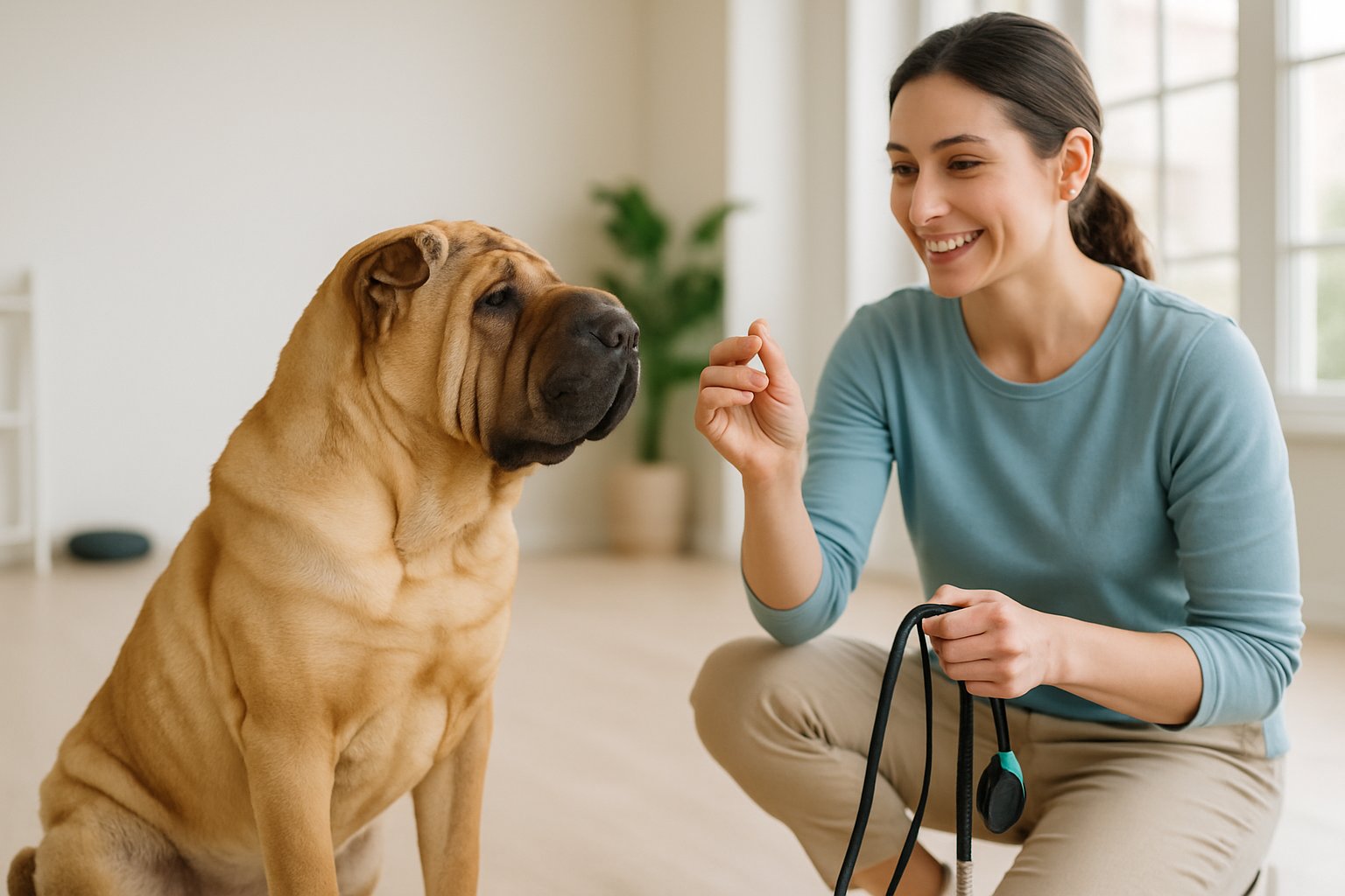 A Chinese Shar-Pei dog sitting calmly next to a smiling adult trainer holding a treat in a bright indoor training space.