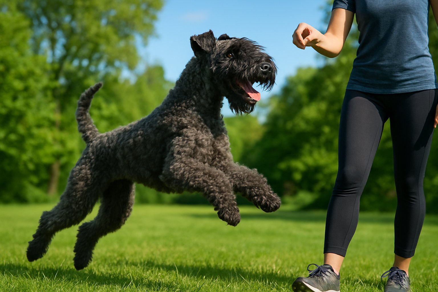 A Kerry Blue Terrier actively running outdoors while a person trains it with a treat in a green park.